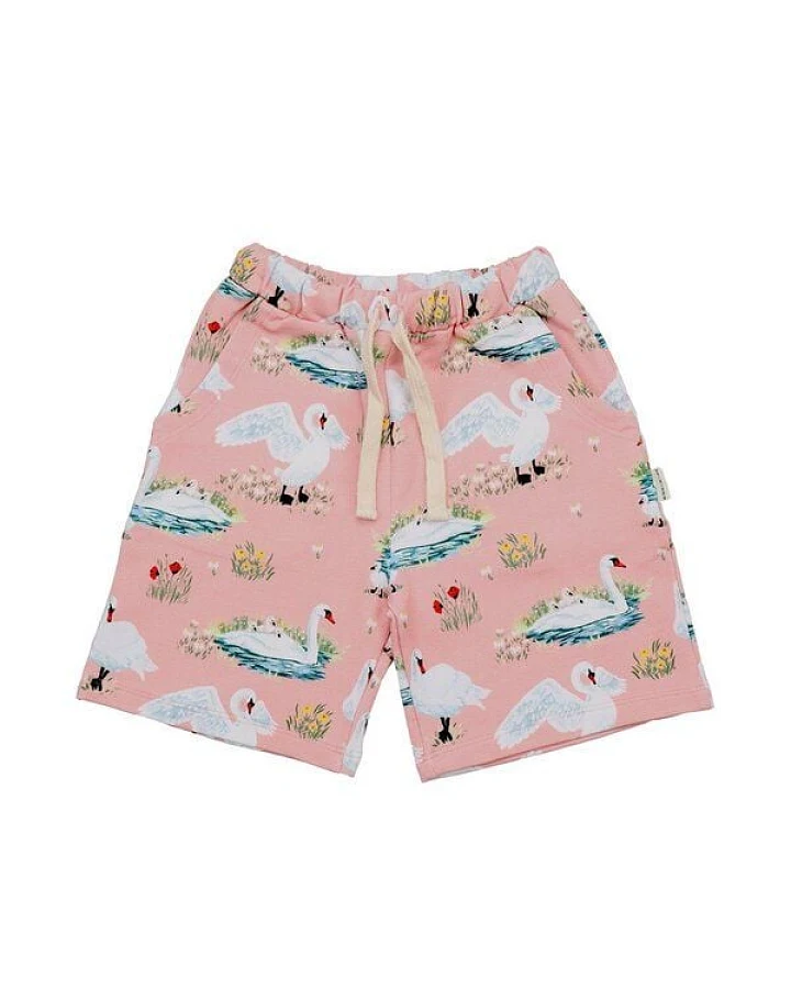 Kinder Shorts – Rosa mit Schwanmotiv, elastischer Bund mit Kordel, leicht & bequem, Sommer-Shorts, kombinierbar