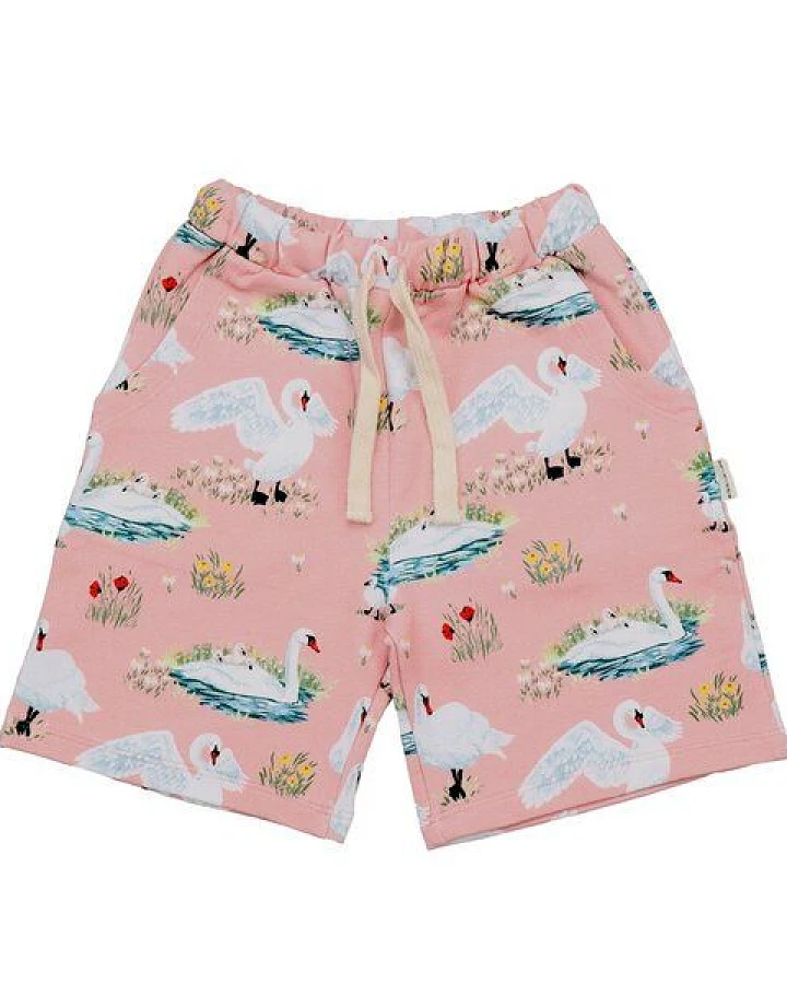 Kinder Shorts – Rosa mit Schwanmotiv, elastischer Bund mit Kordel, leicht & bequem, Sommer-Shorts, kombinierbar