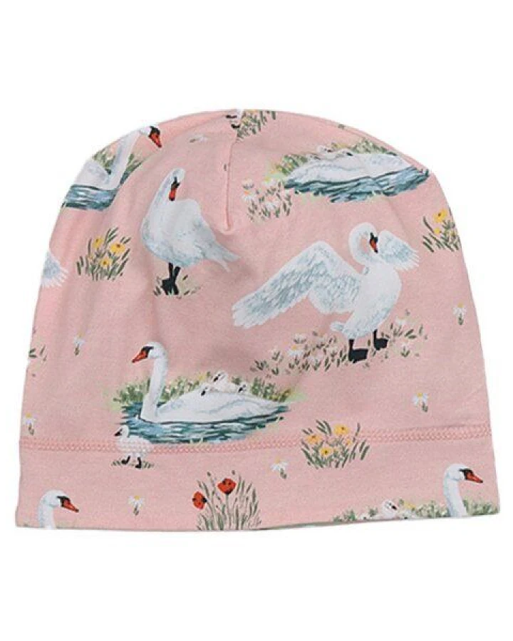Baby Beanie GOTS zertifiziert Bio-Baumwolle, Rosa, Schwan-Muster, Walkiddy