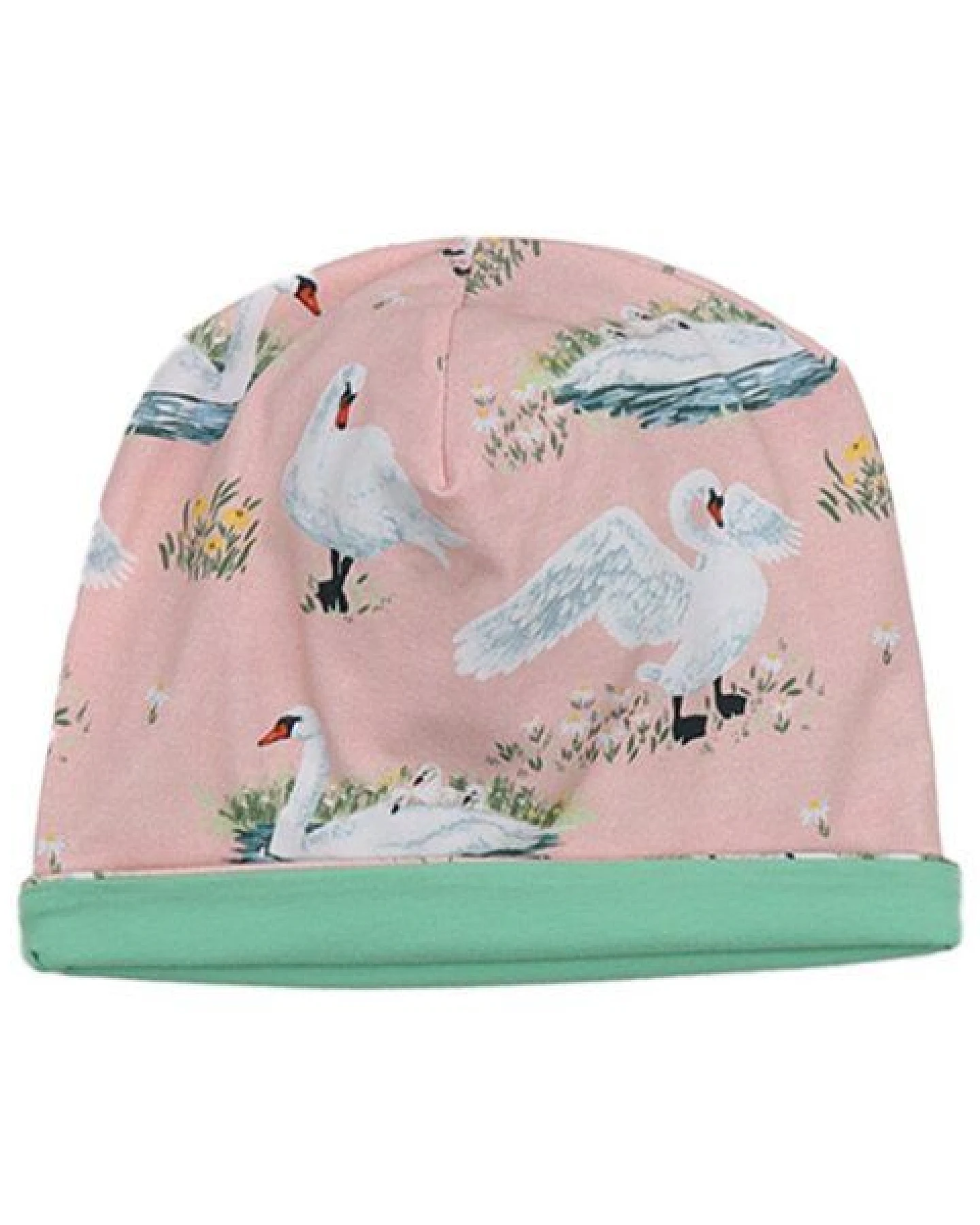 Baby Beanie GOTS zertifiziert Bio-Baumwolle, Rosa, Schwan-Muster, Walkiddy – Ansicht 3