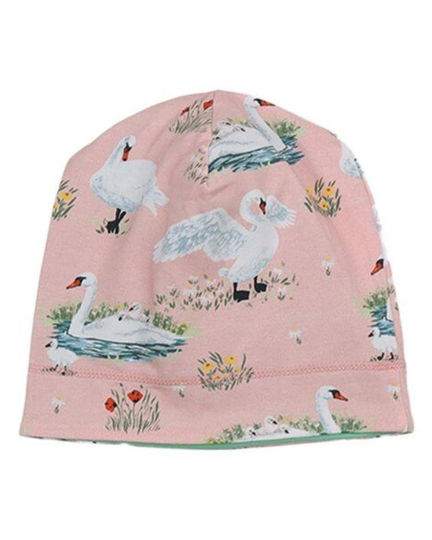 Baby Beanie GOTS zertifiziert Bio-Baumwolle, Rosa, Schwan-Muster, Walkiddy – Ansicht 4
