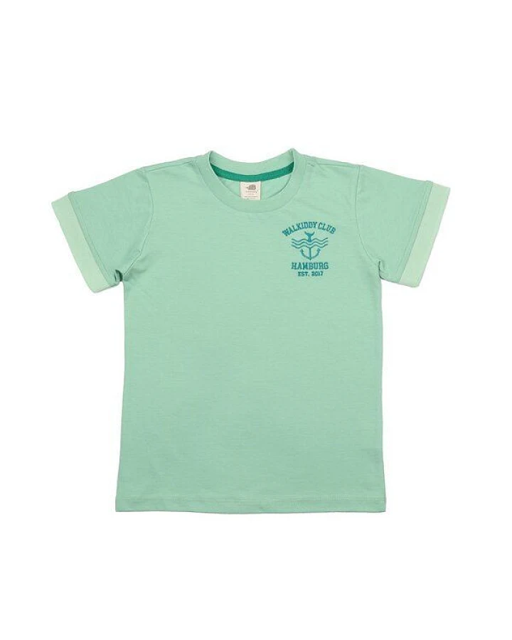 Kinder T-Shirt GOTS-zertifiziert aus Bio-Baumwolle, hellgrün „Meadow“, kurzarm mit kleinem Brustprint – Walkiddy, weich & hautfreundlich