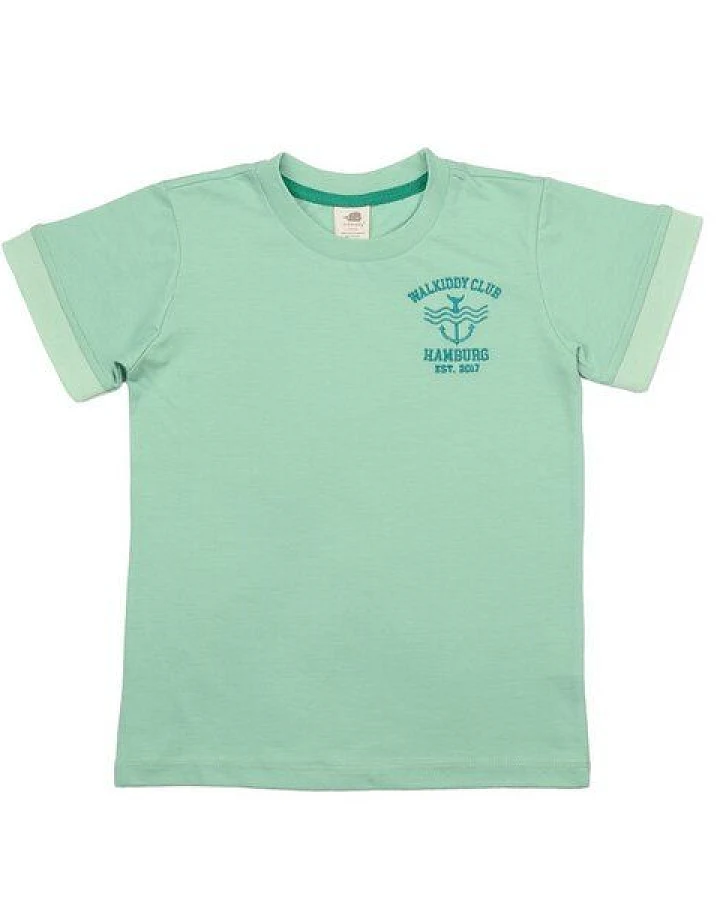 Kinder T-Shirt GOTS-zertifiziert aus Bio-Baumwolle, hellgrün „Meadow“, kurzarm mit kleinem Brustprint – Walkiddy, weich & hautfreundlich