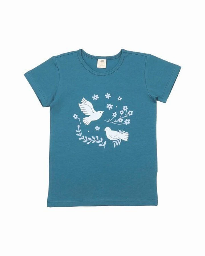 Mädchen T-Shirt GOTS-zertifiziert aus Bio-Baumwolle dunkelblau mit Vogel-und-Blumen-Motiv – Walkiddy
