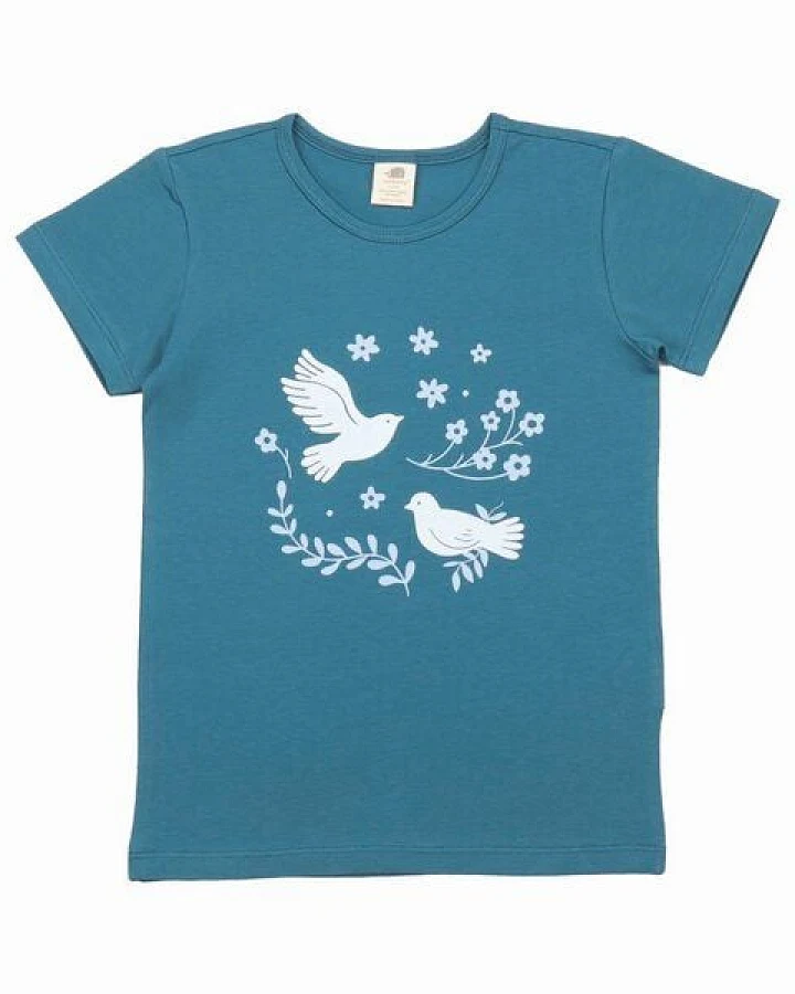 Mädchen T-Shirt GOTS-zertifiziert aus Bio-Baumwolle dunkelblau mit Vogel-und-Blumen-Motiv – Walkiddy