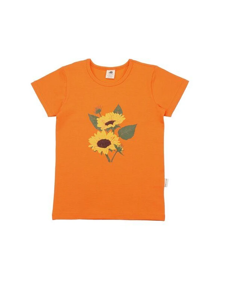 Kinder T-Shirt GOTS-zertifiziert aus Bio-Baumwolle orange mit Sonnenblumen-Motiv – Walkiddy
