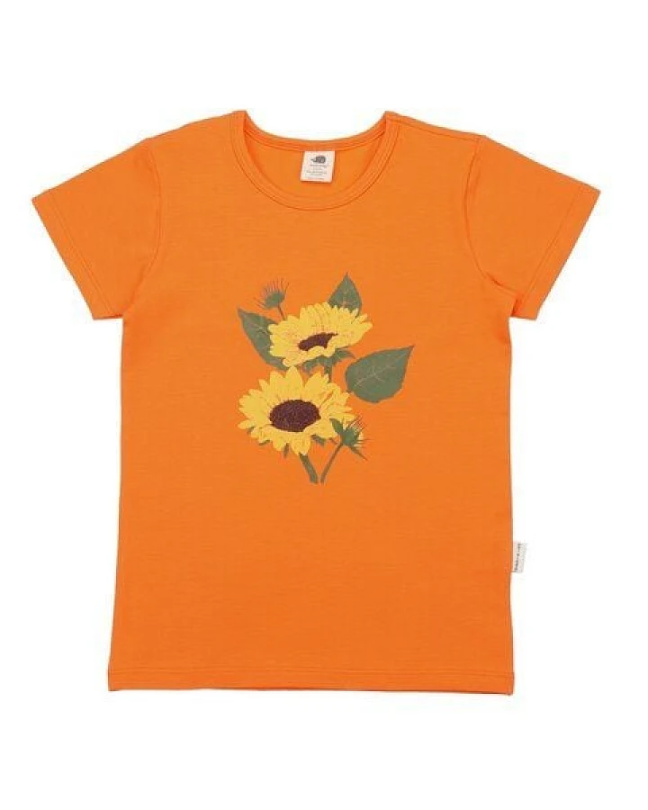 Kinder T-Shirt GOTS-zertifiziert aus Bio-Baumwolle orange mit Sonnenblumen-Motiv – Walkiddy