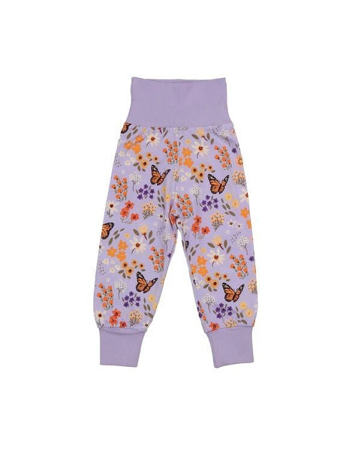 Baby/Kinder Pumphose GOTS-zertifiziert aus Bio-Baumwolle lila mit Blumen-und-Schmetterlings-Muster – Walkiddy
