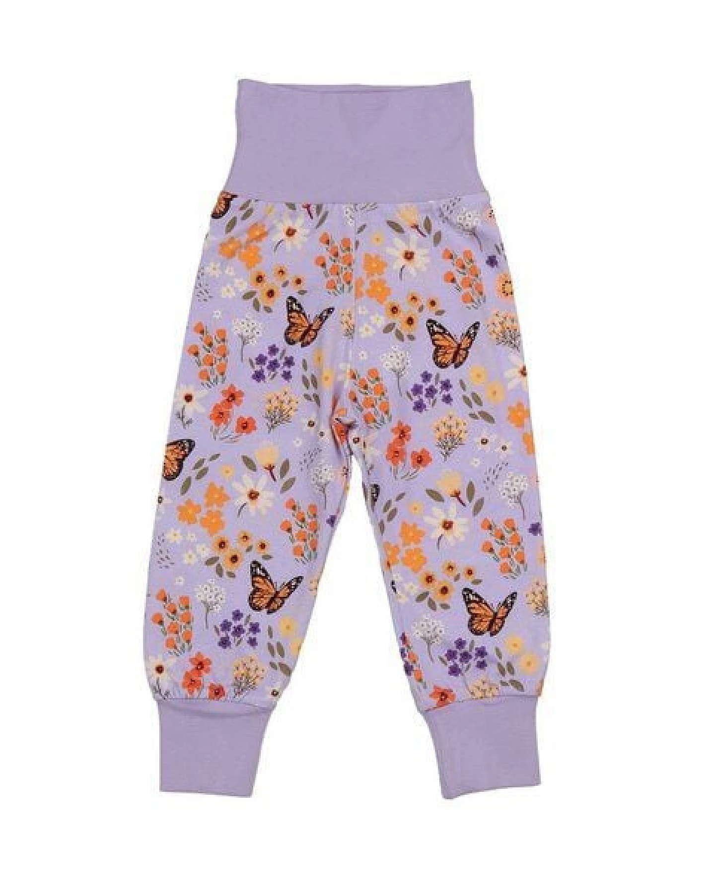 Baby/Kinder Pumphose GOTS-zertifiziert aus Bio-Baumwolle lila mit Blumen-und-Schmetterlings-Muster – Walkiddy – Ansicht 2