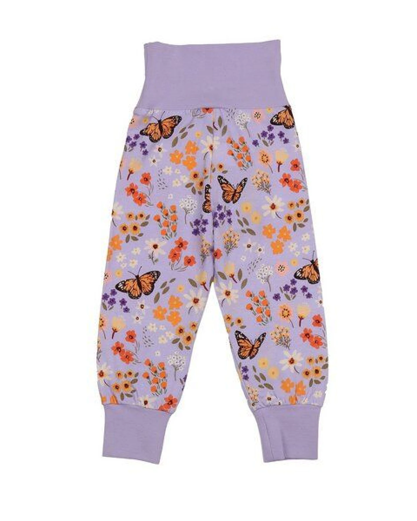 Baby/Kinder Pumphose GOTS-zertifiziert aus Bio-Baumwolle lila mit Blumen-und-Schmetterlings-Muster – Walkiddy – Ansicht 4
