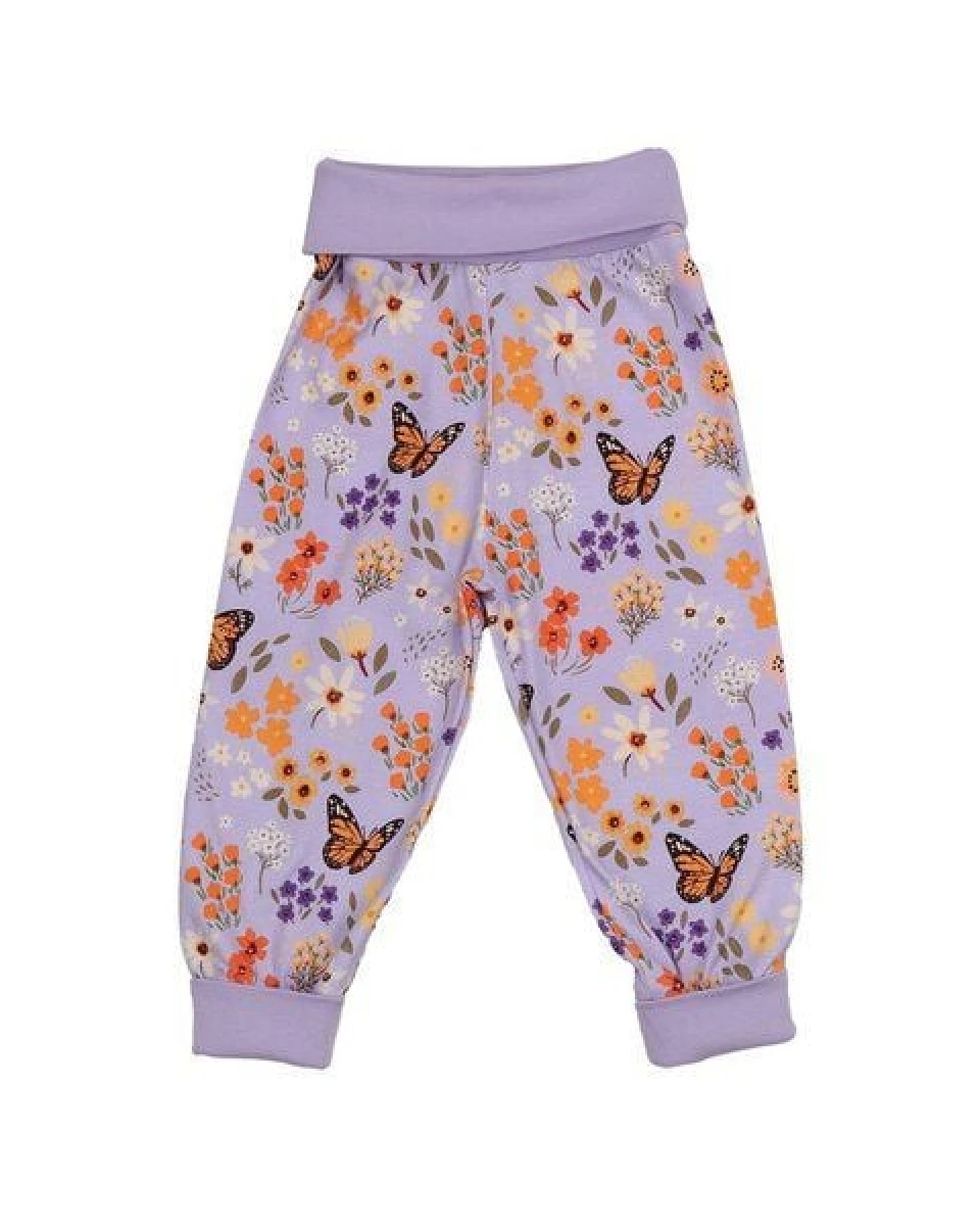 Baby/Kinder Pumphose GOTS-zertifiziert aus Bio-Baumwolle lila mit Blumen-und-Schmetterlings-Muster – Walkiddy – Ansicht 3