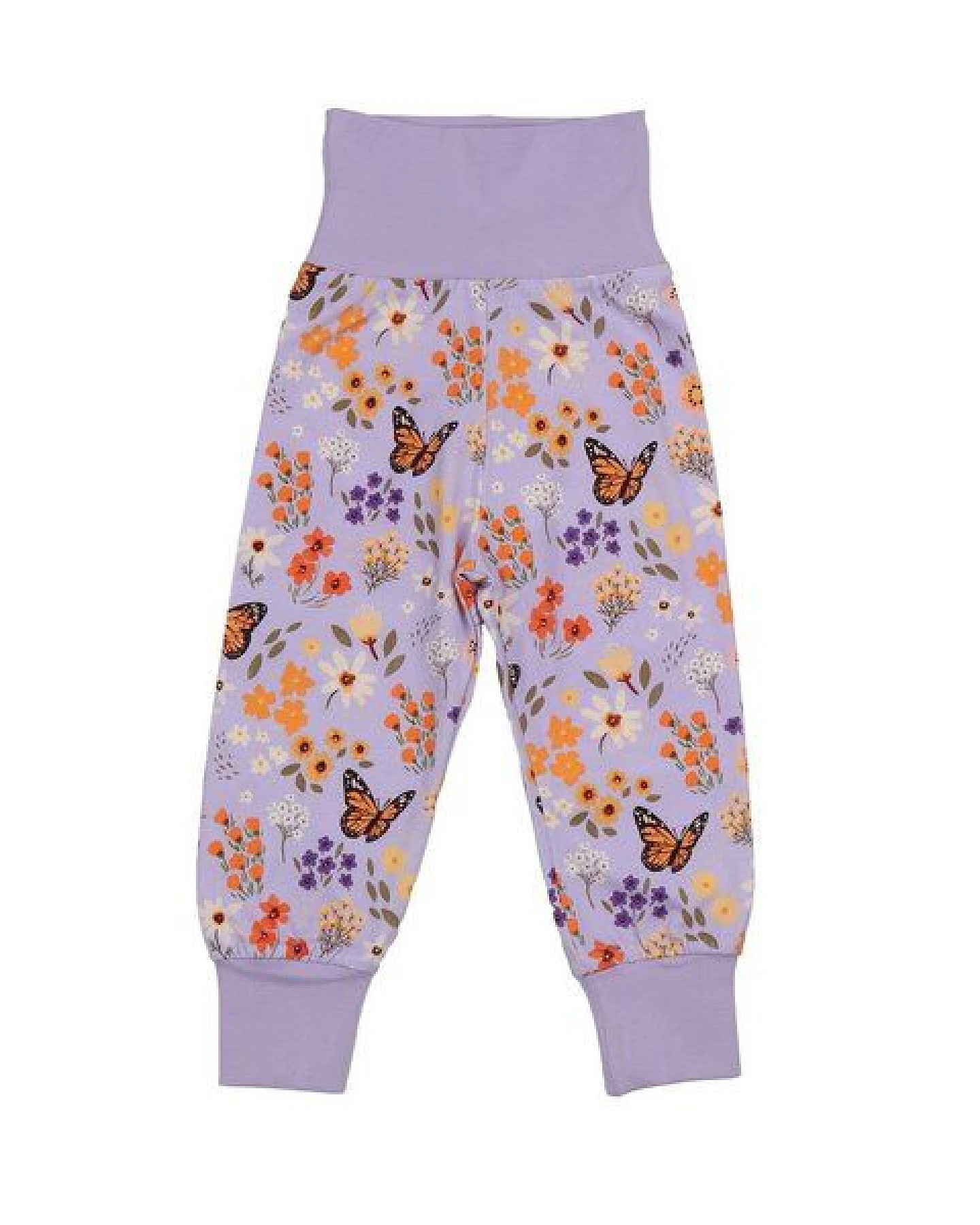 Baby/Kinder Pumphose GOTS-zertifiziert aus Bio-Baumwolle lila mit Blumen-und-Schmetterlings-Muster – Walkiddy – Ansicht 2