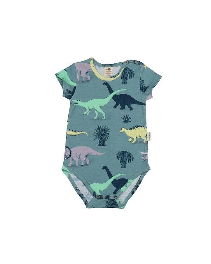 Baby Kurzarmbody – Blaugrün mit Dinosauriermotiv, weich & bequem, alltagstauglich, gut kombinierbar