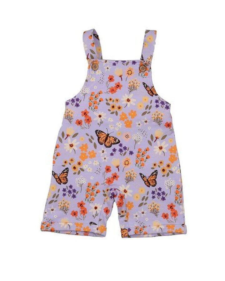 Kurze Latzhose Flieder Blumen und Schmetterlinge-Allover Bio-Baumwolle GOTS – Walkiddy