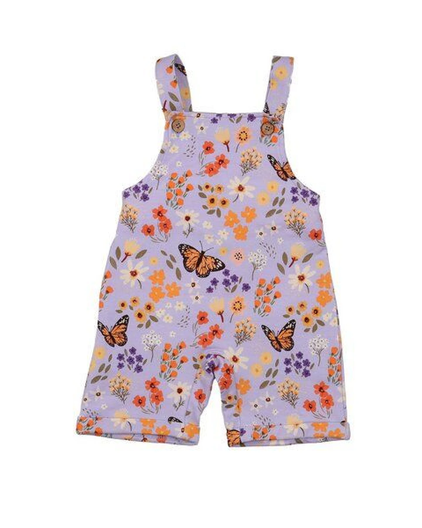 Kurze Latzhose Flieder Blumen und Schmetterlinge-Allover Bio-Baumwolle GOTS – Walkiddy – Ansicht 2
