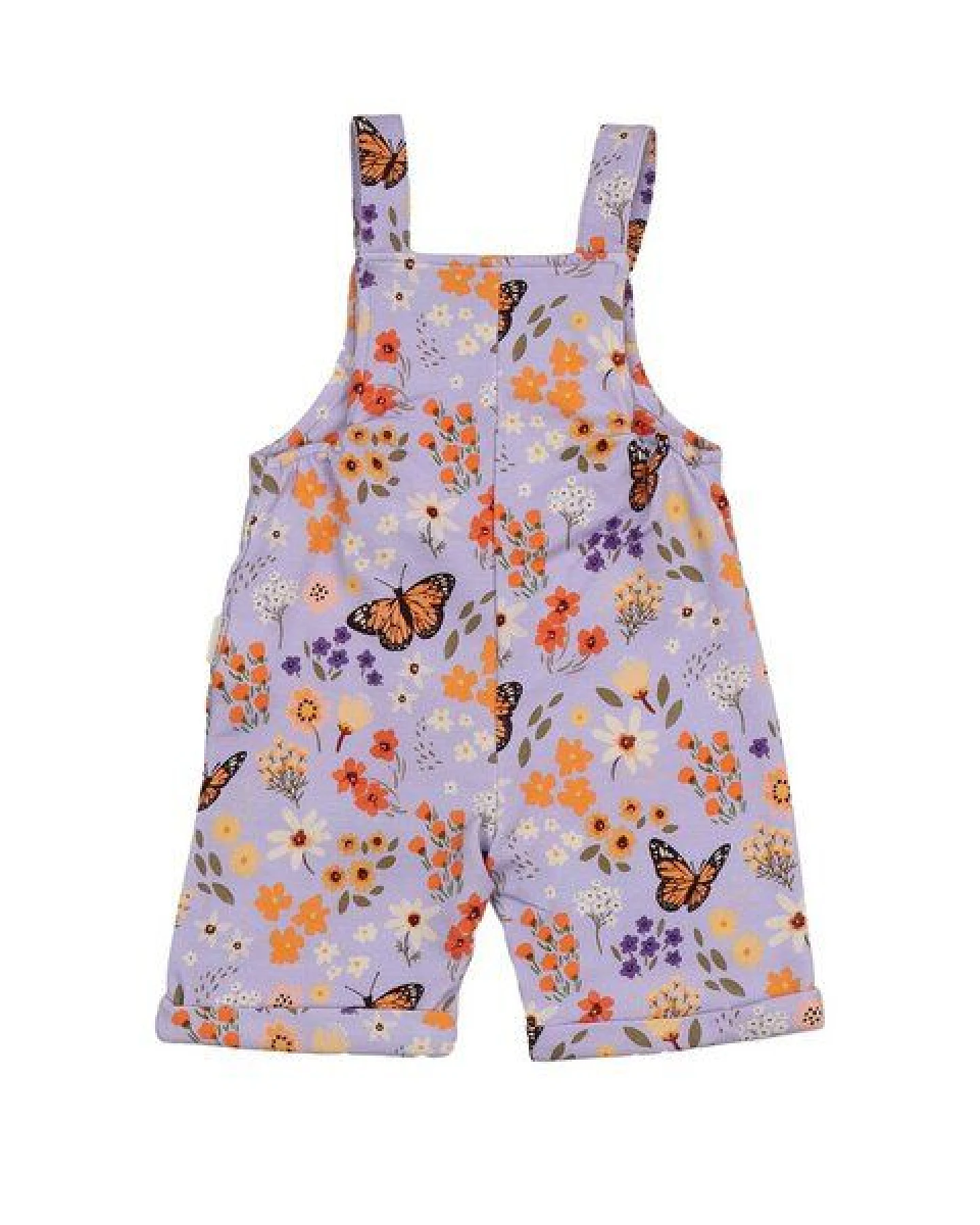 Kurze Latzhose Flieder Blumen und Schmetterlinge-Allover Bio-Baumwolle GOTS – Walkiddy – Ansicht 4