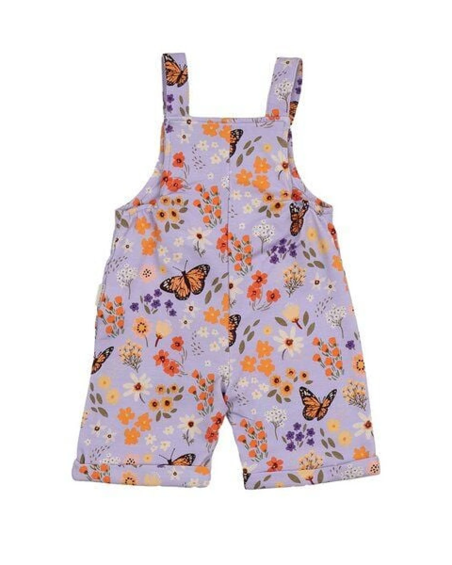 Kurze Latzhose Flieder Blumen und Schmetterlinge-Allover Bio-Baumwolle GOTS – Walkiddy – Ansicht 4