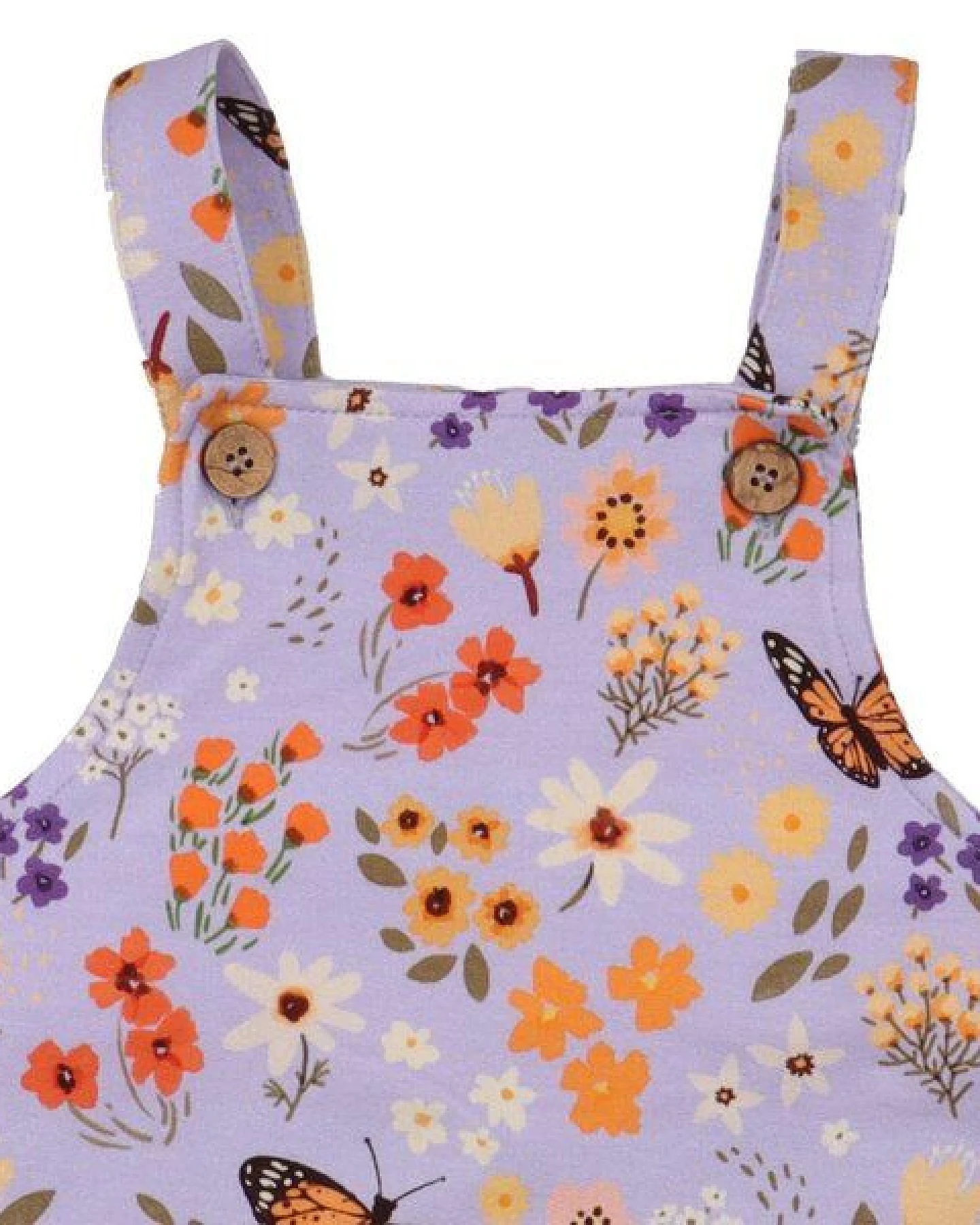 Kurze Latzhose Flieder Blumen und Schmetterlinge-Allover Bio-Baumwolle GOTS – Walkiddy – Ansicht 3