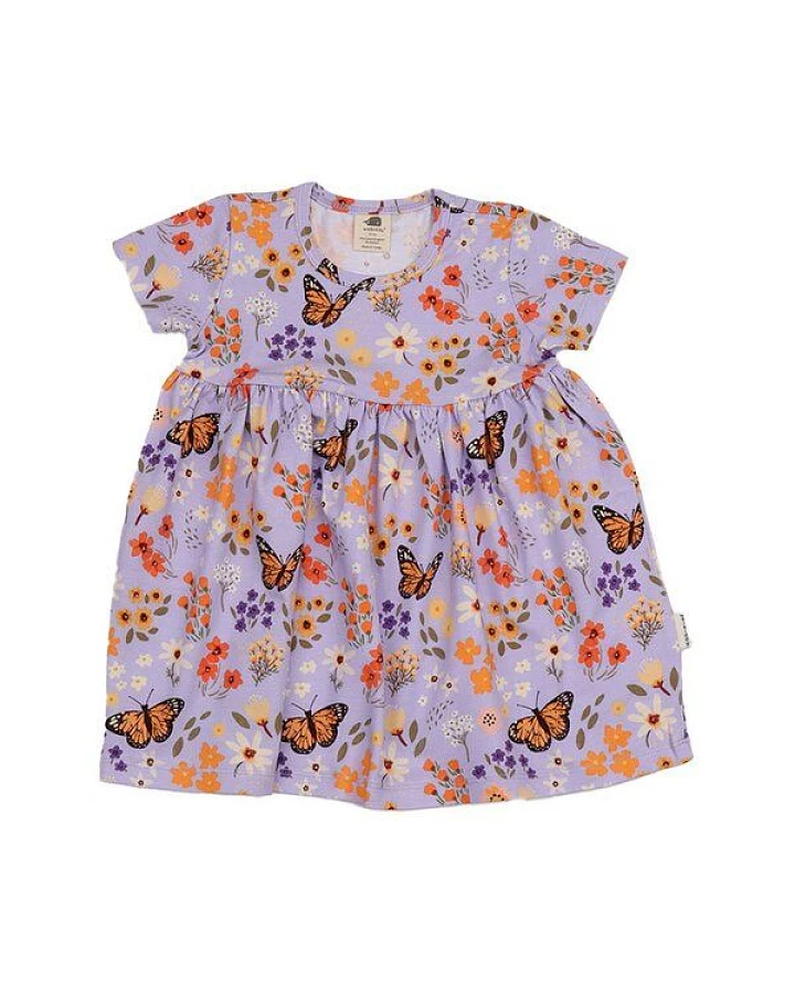 Baby Kleid GOTS zertifiziert, „Flowers & Butterflies“ Allover, lila, Kurzarm, weich – Walkiddy