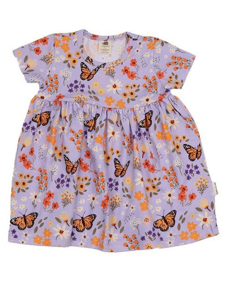Baby Kleid GOTS zertifiziert, „Flowers & Butterflies“ Allover, lila, Kurzarm, weich – Walkiddy