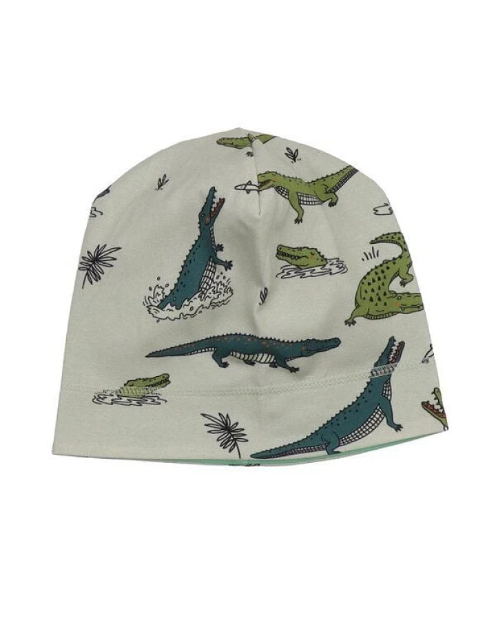 Kleinkinder Beanie GOTS zertifiziert, Bio-Baumwolle, grau, Krokodil-Print, weich & elastisch – Walkiddy