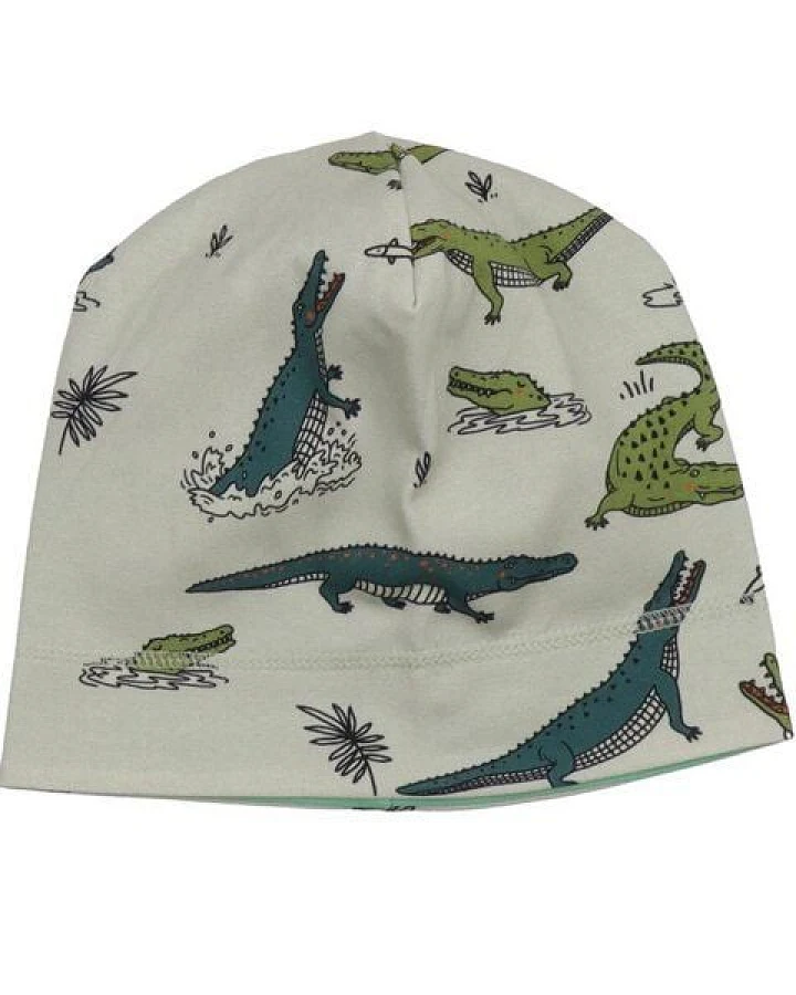 Kleinkinder Beanie GOTS zertifiziert, Bio-Baumwolle, grau, Krokodil-Print, weich & elastisch – Walkiddy
