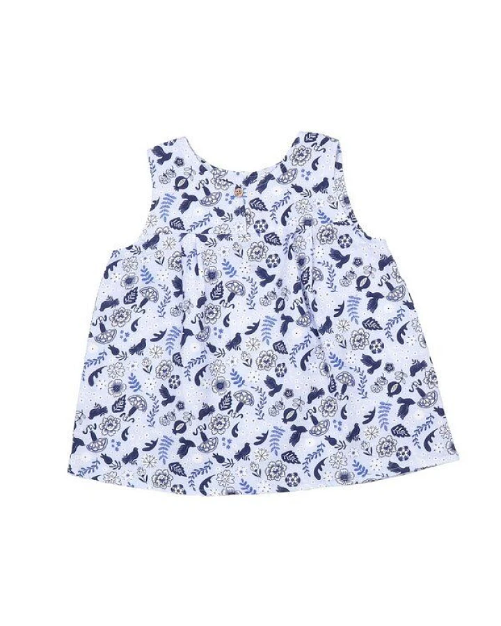 Mädchen Bluse GOTS zertifiziert, Bio-Baumwolle, weiß/blau, Vogel-Blumenmuster, ärmellos, leicht – Walkiddy