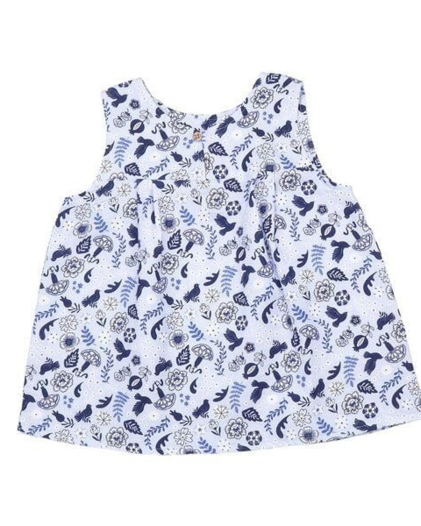 Mädchen Bluse GOTS zertifiziert, Bio-Baumwolle, weiß/blau, Vogel-Blumenmuster, ärmellos, leicht – Walkiddy – Ansicht 2