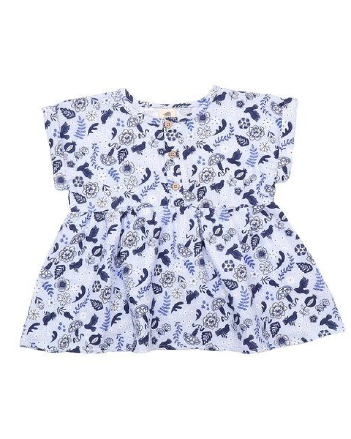 Kleinkinder Bluse GOTS-zertifiziert aus Bio-Baumwolle blau mit Vogel-und-Blumen-Muster – Walkiddy