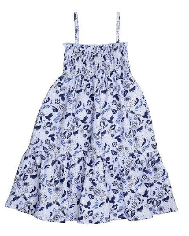 Kinder Trägerkleid GOTS-zertifiziert aus Bio-Baumwolle, blau mit Vögeln und Blumen, leicht & sommerlich – Walkiddy, weicher Tragekomfort