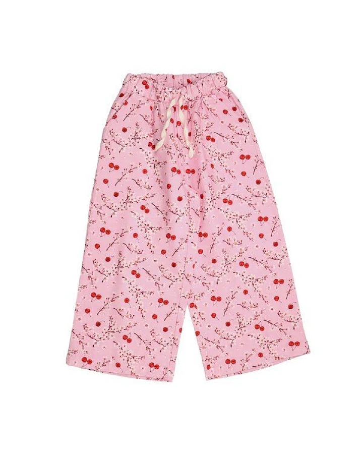Kinderhose GOTS-zertifiziert aus Bio-Baumwolle, rosa mit Kirschen-und-Blüten-Print, leichter Sommerstoff, elastischer Bund – Walkiddy