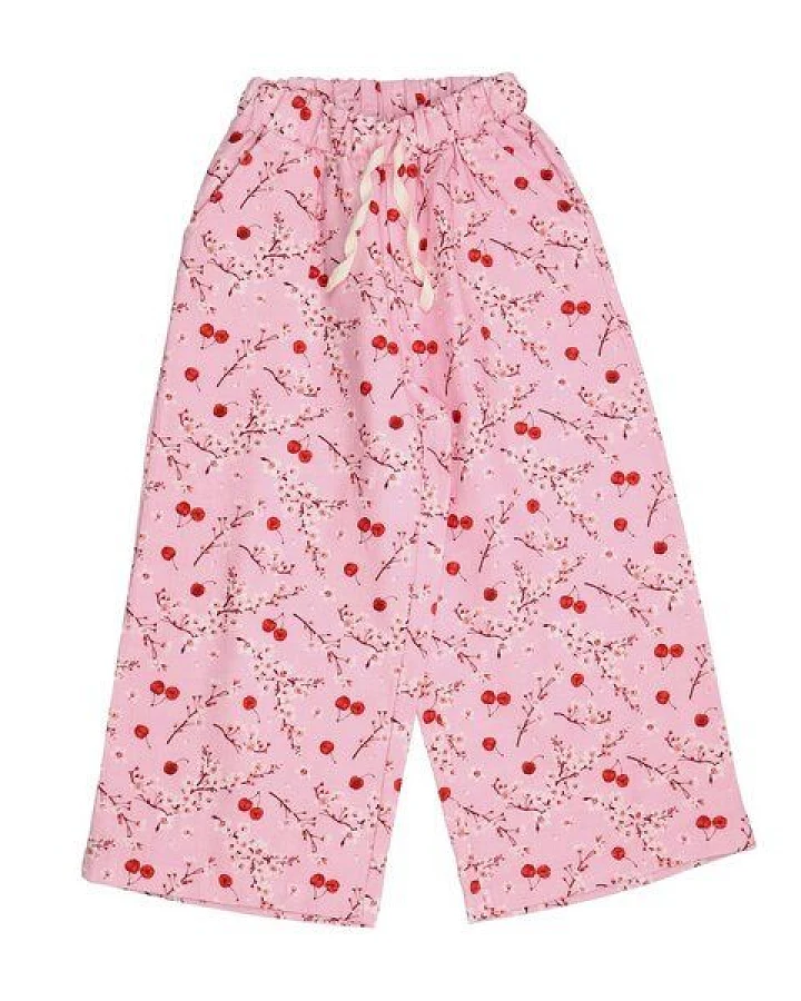 Kinderhose GOTS-zertifiziert aus Bio-Baumwolle, rosa mit Kirschen-und-Blüten-Print, leichter Sommerstoff, elastischer Bund – Walkiddy