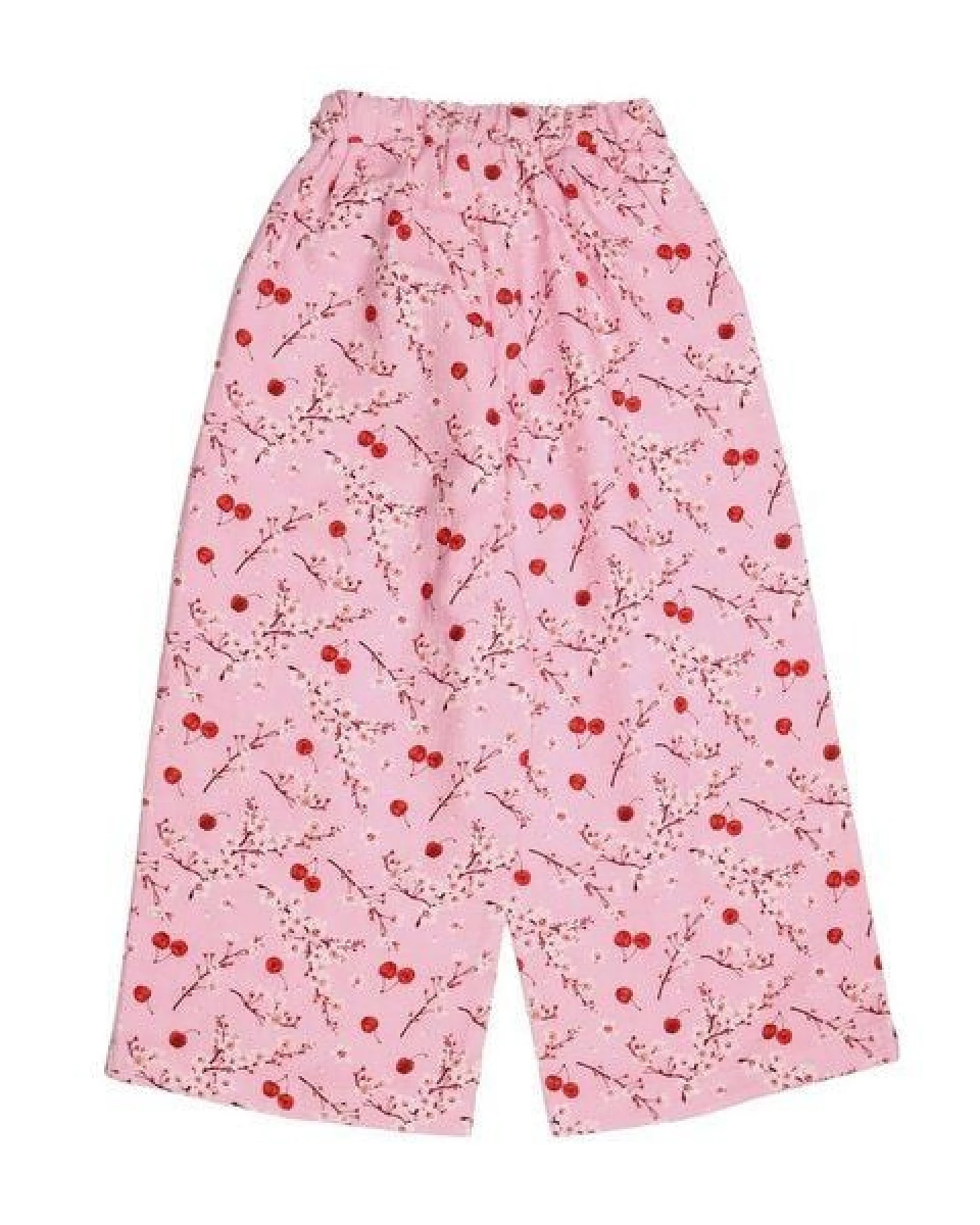 Kinderhose GOTS-zertifiziert aus Bio-Baumwolle, rosa mit Kirschen-und-Blüten-Print, leichter Sommerstoff, elastischer Bund – Walkiddy – Ansicht 4