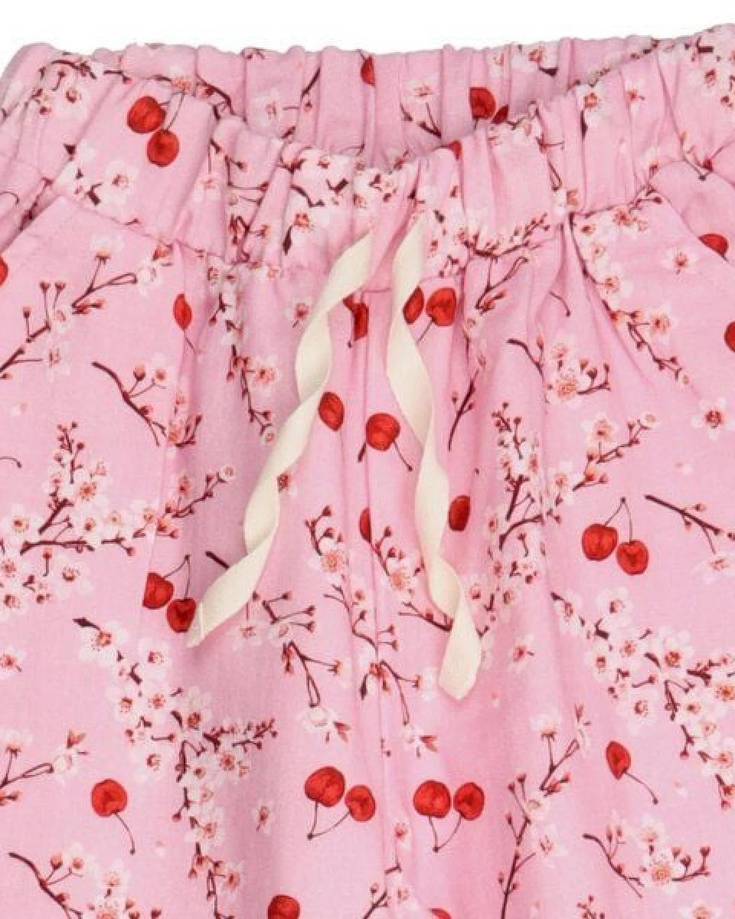 Kinderhose GOTS-zertifiziert aus Bio-Baumwolle, rosa mit Kirschen-und-Blüten-Print, leichter Sommerstoff, elastischer Bund – Walkiddy – Ansicht 3