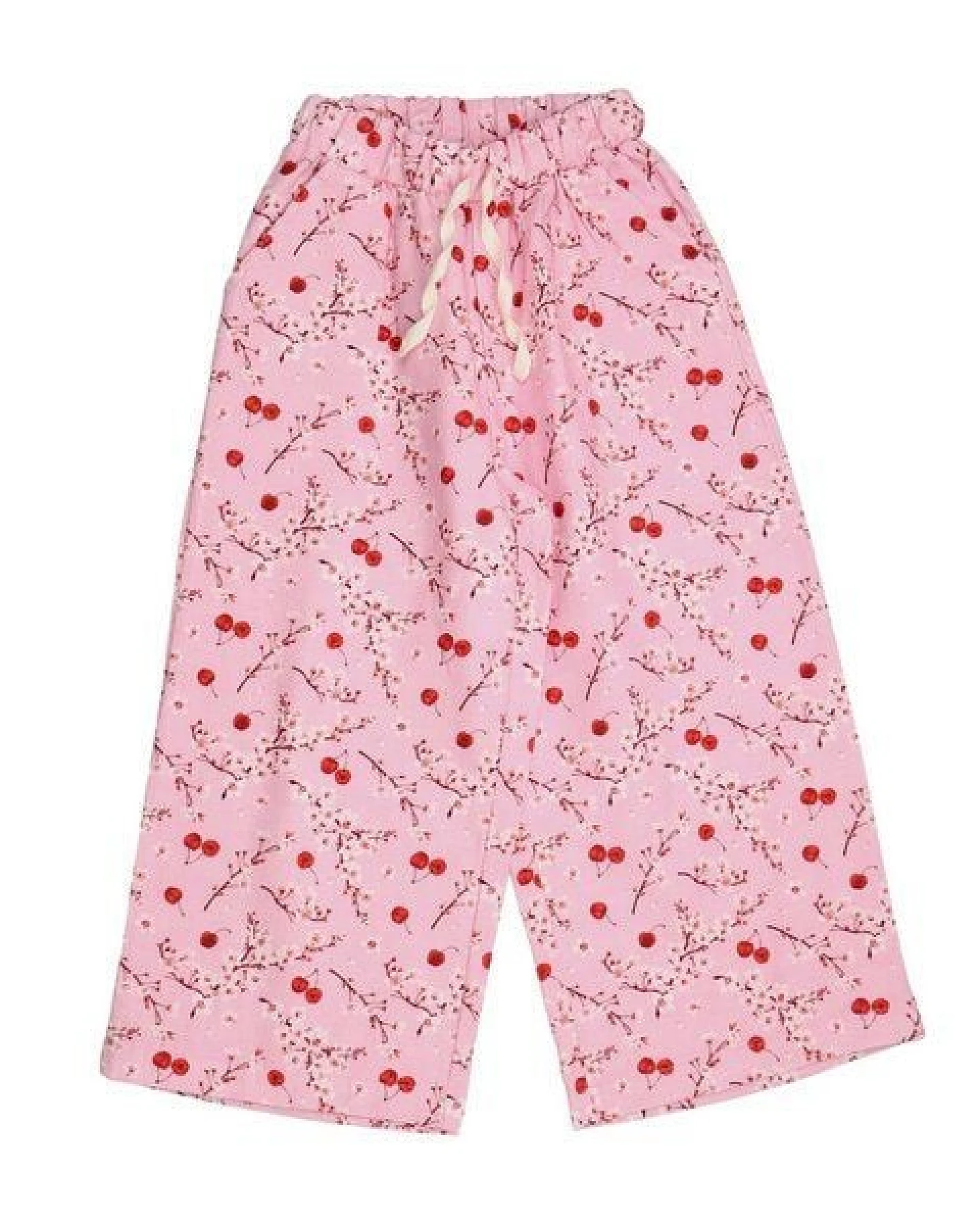 Kinderhose GOTS-zertifiziert aus Bio-Baumwolle, rosa mit Kirschen-und-Blüten-Print, leichter Sommerstoff, elastischer Bund – Walkiddy – Ansicht 2
