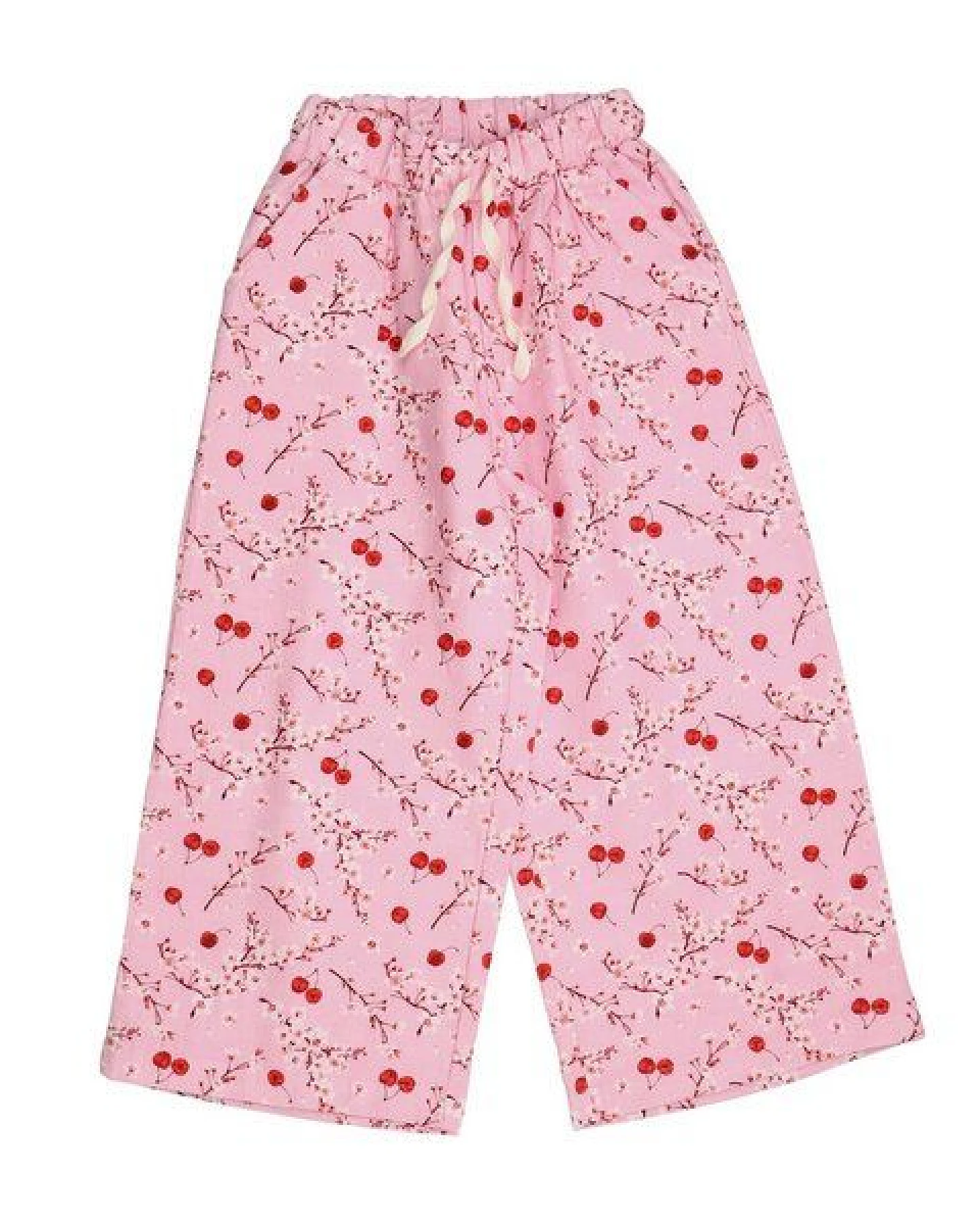 Kinderhose GOTS-zertifiziert aus Bio-Baumwolle, rosa mit Kirschen-und-Blüten-Print, leichter Sommerstoff, elastischer Bund – Walkiddy – Ansicht 2