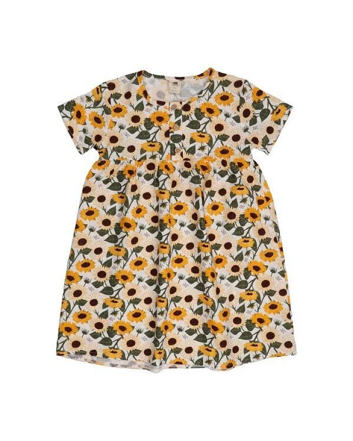 Kinder Kleid GOTS-zertifiziert aus Bio-Baumwolle, Sunflowers-Print, kurzarm, leicht & sommerlich – Walkiddy, weicher Tragekomfort