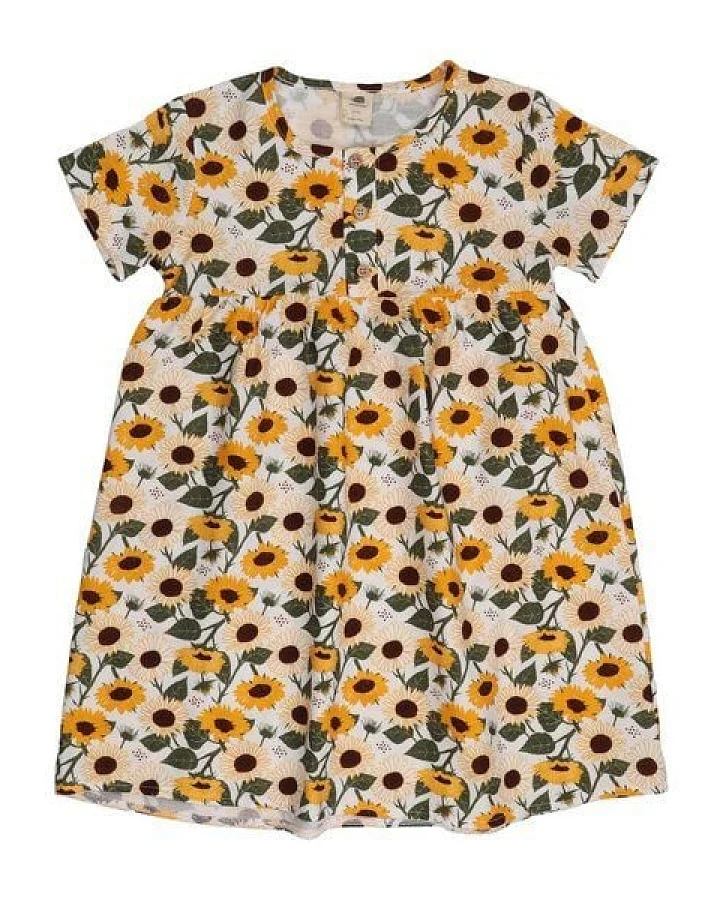 Kinder Kleid GOTS-zertifiziert aus Bio-Baumwolle, Sunflowers-Print, kurzarm, leicht & sommerlich – Walkiddy, weicher Tragekomfort