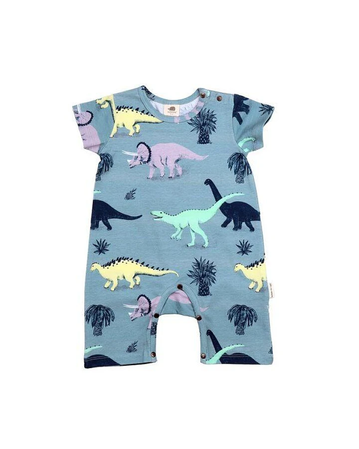 Baby Kurzarm-Body GOTS-zertifiziert aus Bio-Baumwolle, Running Dinosaurs, kurzer Beinabschluss, blau – Walkiddy, weich & spielbereit