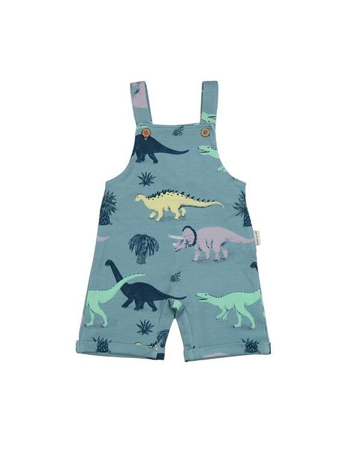 Kinder-Latzhose GOTS zertifiziert – Bio-Baumwolle, Blaugrün mit Dinosaurier-Motiv, bequem