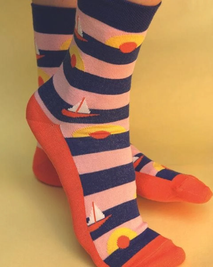 Fräulein Prusselise Sailor Sun Socke, Segelschiff, Sundown, rot, Streifen, rosa, blau, bunt