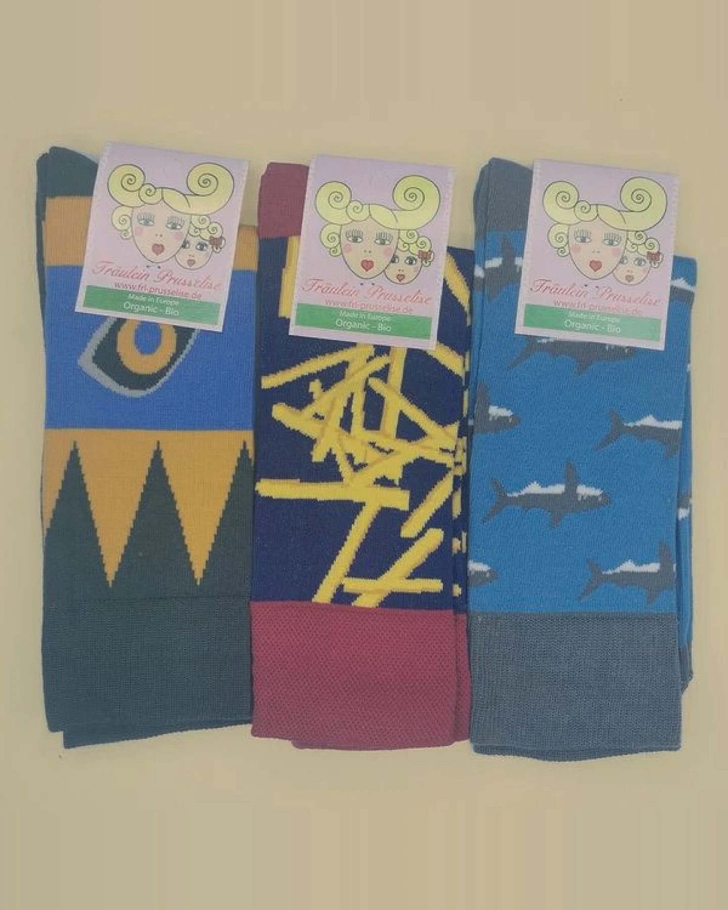 Fräulein Prusselise 3er spezial Socken Pack maskulin, Hai, Pommes, Inka, bunt – Ansicht 2