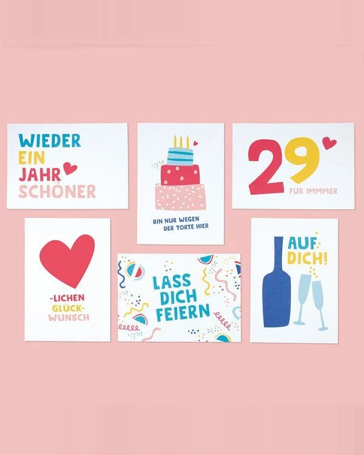 Bow & Hummingbird 6er Set Geburtstagskarten - 6 Postkarten zum Geburtstag aus Recyclingpapier