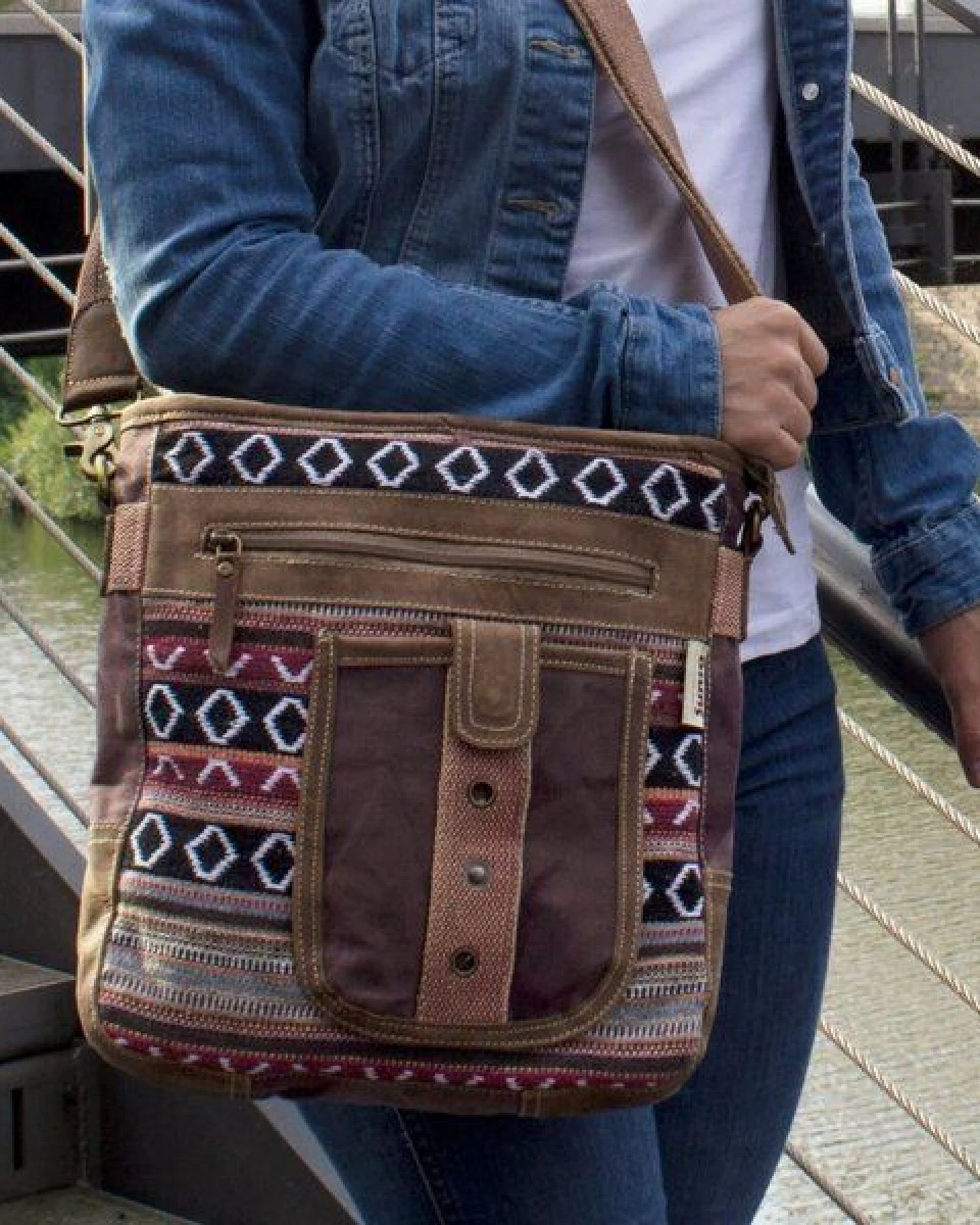 Sunsa Umhängetasche Webstoff gemustert Tasche, Schultertasche mit viel Fächern – Ansicht 2