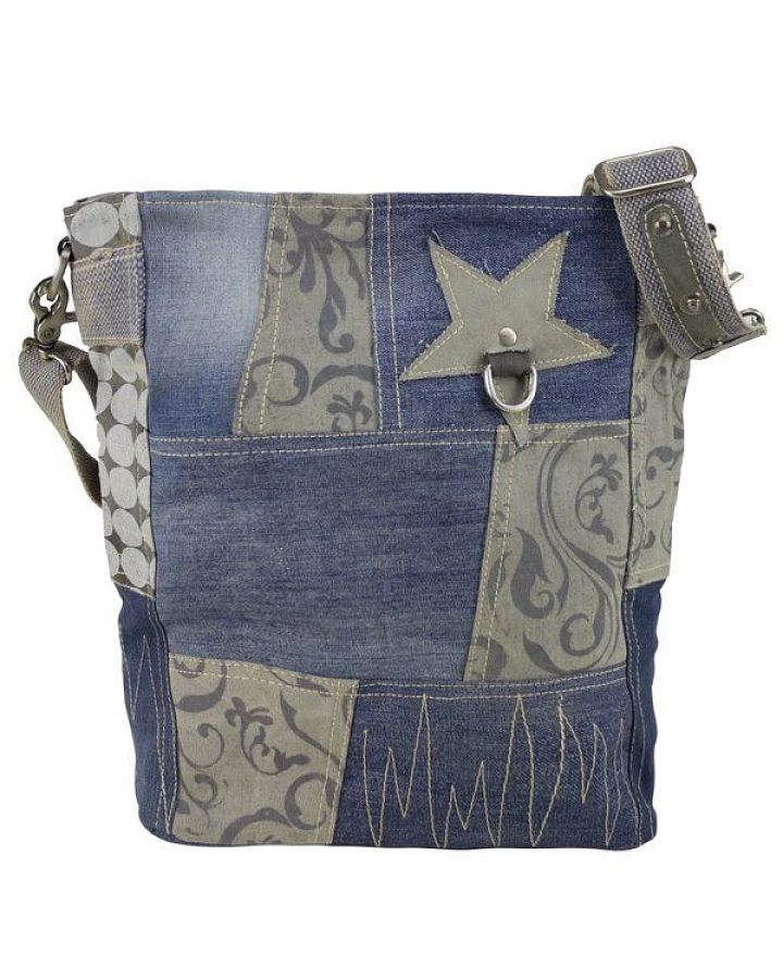 Sunsa Damen Umhängetasche in Patchwork Design. Nachhaltige Jeans Crossbody Bag