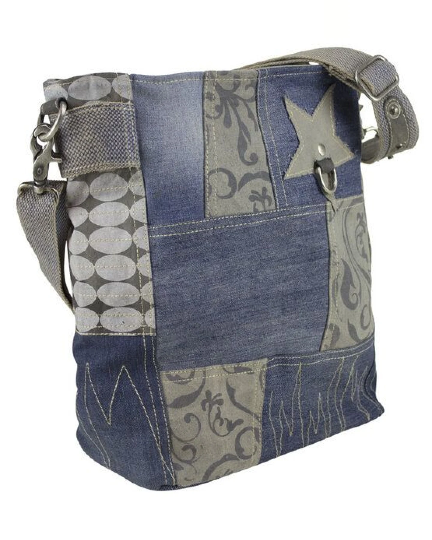 Sunsa Damen Umhängetasche in Patchwork Design. Nachhaltige Jeans Crossbody Bag – Ansicht 3