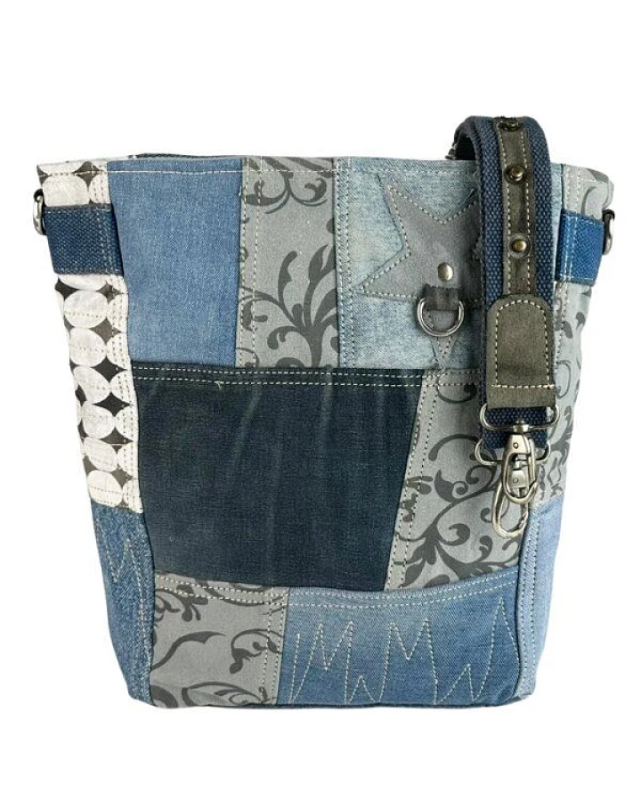 Sunsa Damen Umhängetasche in Patchwork Design. Nachhaltige Jeans Crossbody Bag