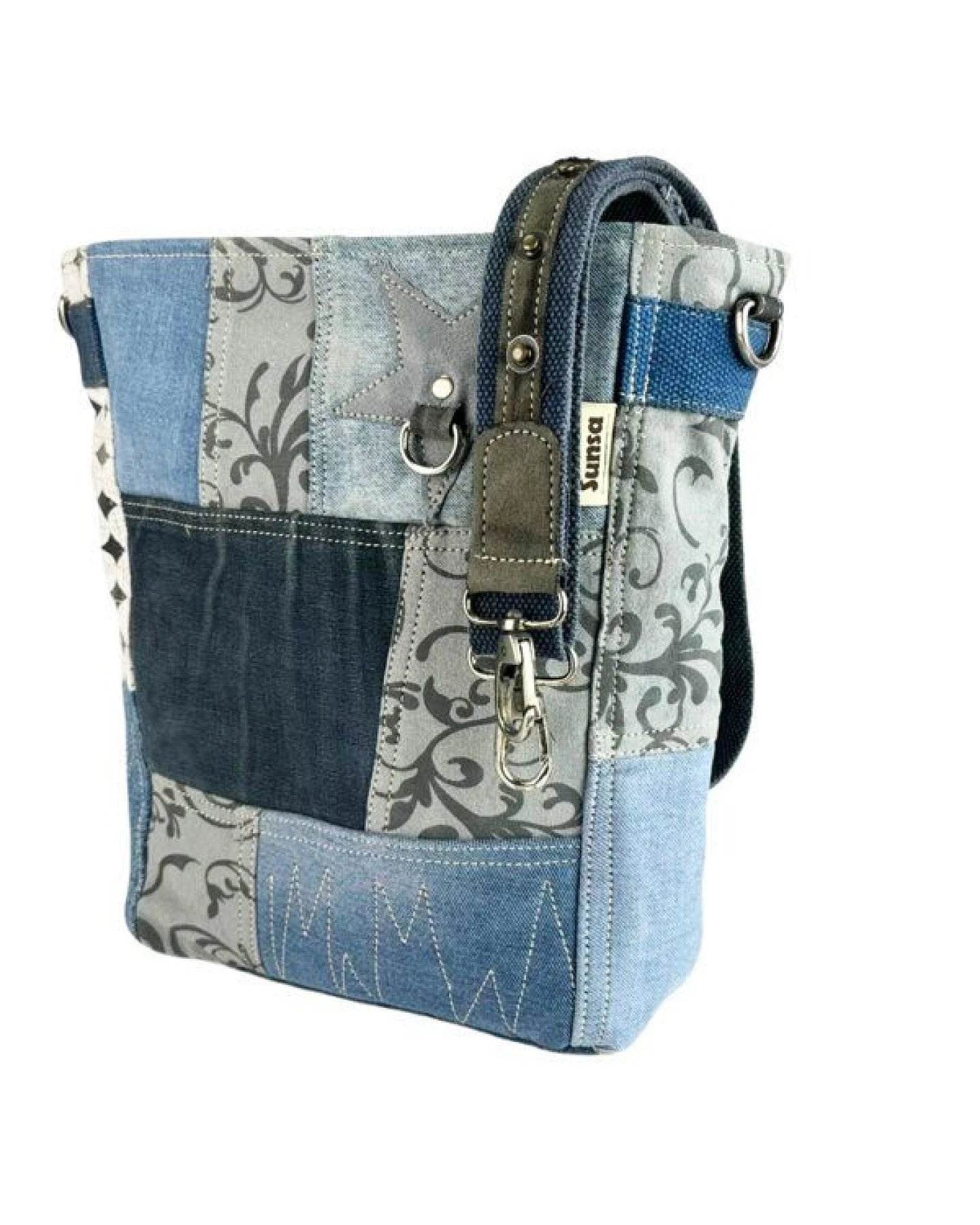 Sunsa Damen Umhängetasche in Patchwork Design. Nachhaltige Jeans Crossbody Bag – Ansicht 3