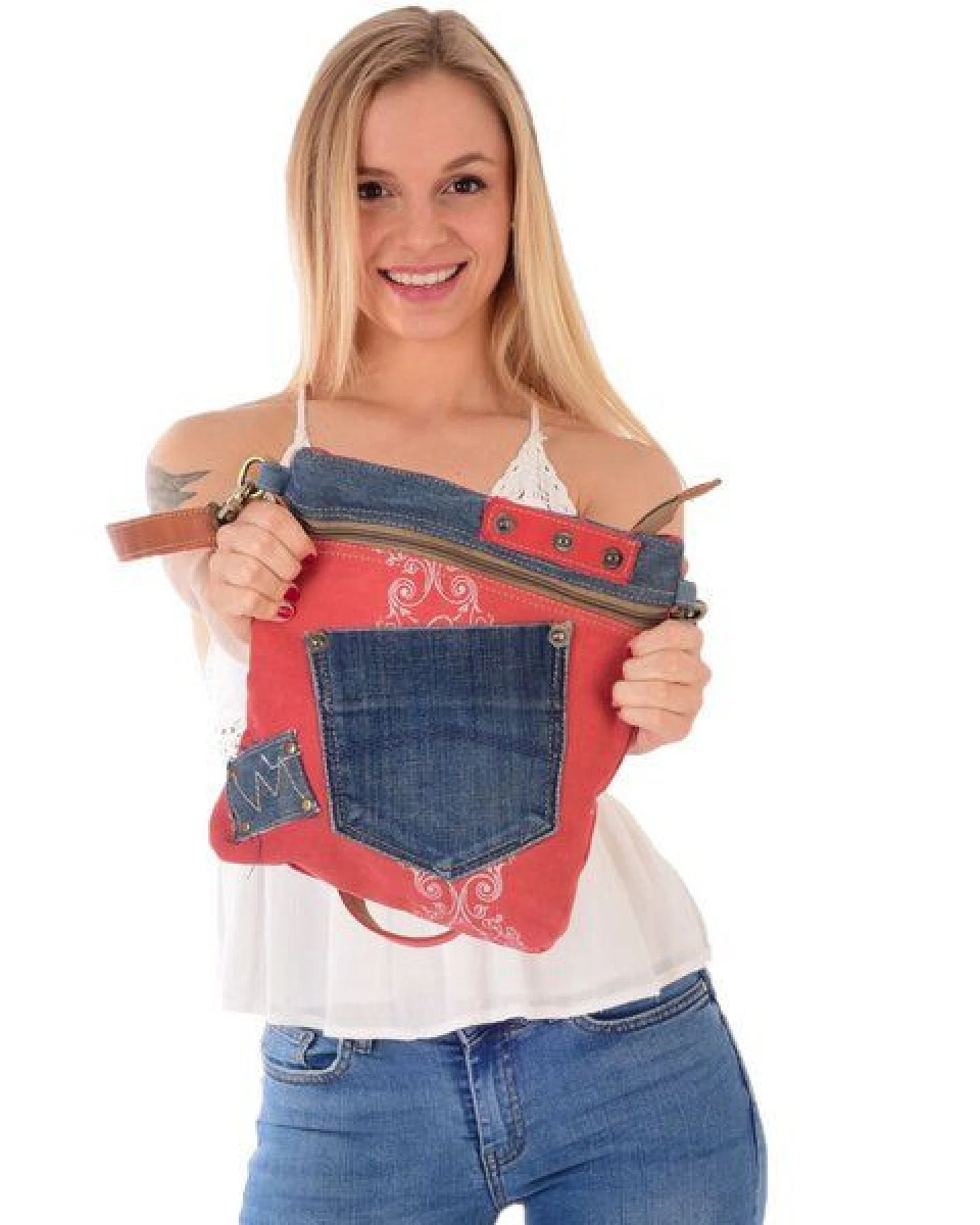 Sunsa Umhängetasche aus rote Canvas & recycelter Jeans. Nachhaltige Crossbody Bag – Ansicht 2