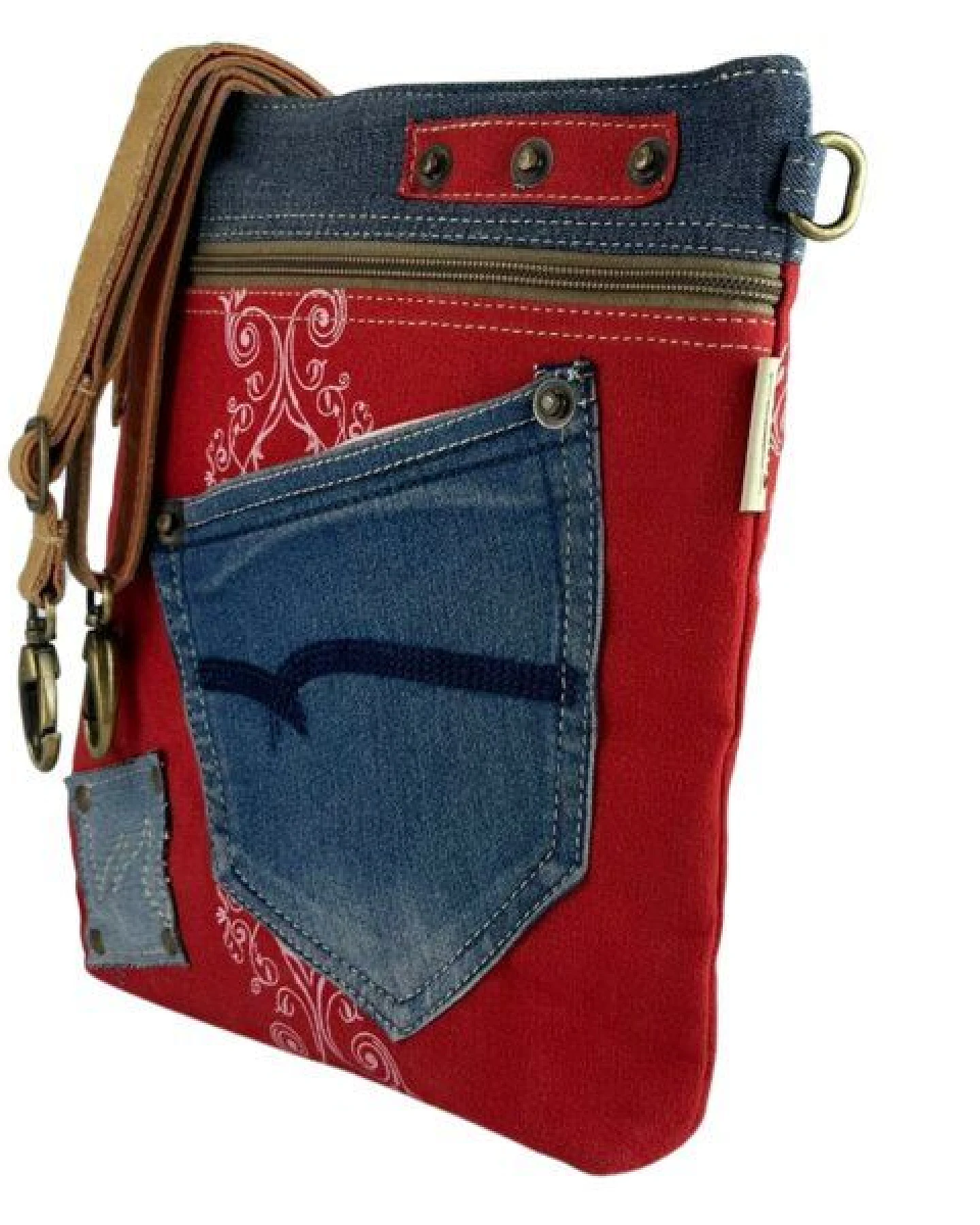 Sunsa Umhängetasche aus rote Canvas & recycelter Jeans. Nachhaltige Crossbody Bag – Ansicht 3